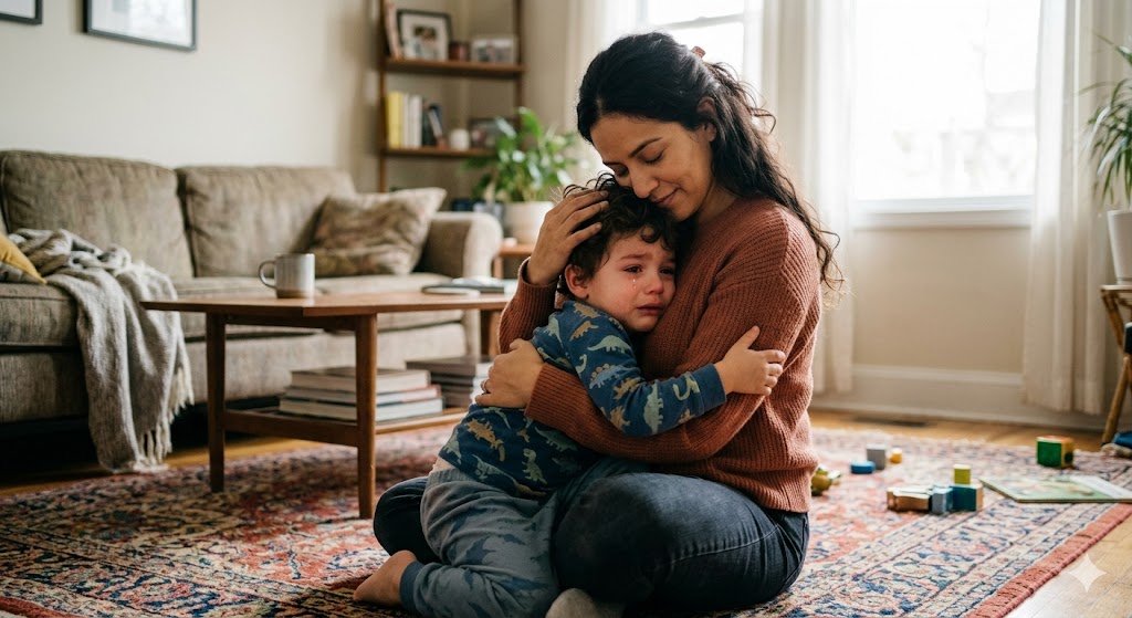 Madre abrazando a su hijo después del berrinche